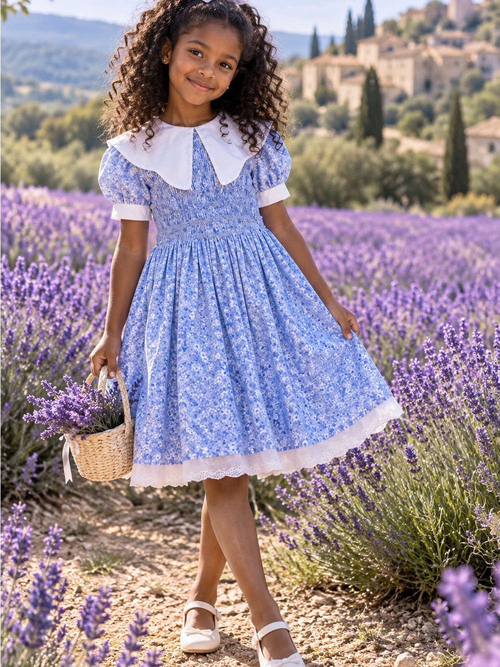 Vintage Polly Flinders Girls Size 7 Blue Floral Smocked Dress Peter Pan Collar